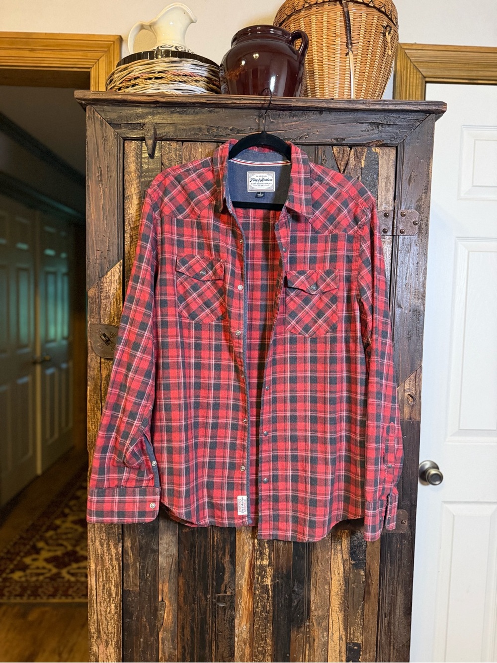 Flag & Anthem Men’s L Red Plaid Western Flannel Pearl Snap Shirt grunge chore